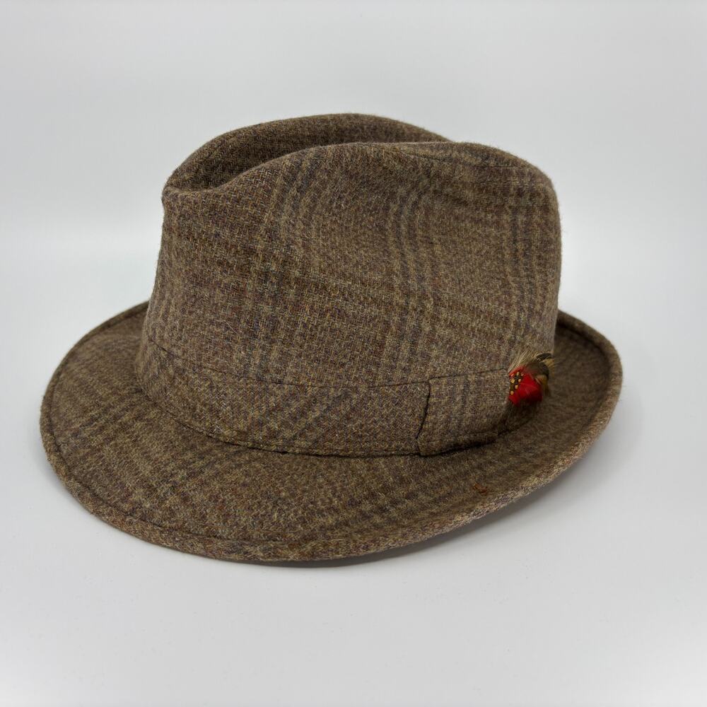 Adam New York Wool Tweed Fedora Hat Size 7 1/8 Brown Plaid Feather